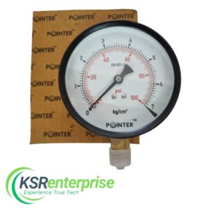 pointer 4" dial pressure guage range 0 10 kg/cm2 with dual scale of 150 psi, surface mounting bottom entry, connection 3/8" bsp (m), ms case & brass internals (150 psi 0 10kg)
