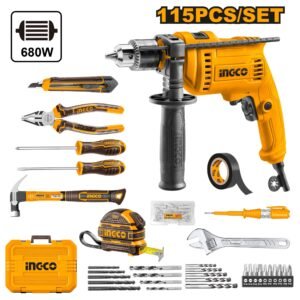ingco 115 pcs household tools set with 680w impact drill